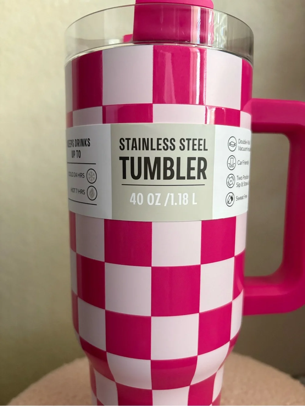Stainless Steel 40oz Checkered Pink Tumbler with Handle and Straw